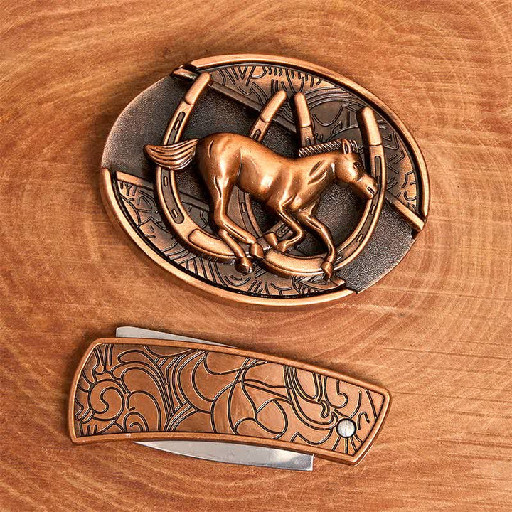 Ceinture en cuir pour homme avec couteau pliant caché en bronze rouge, motif cheval galopant - image 4