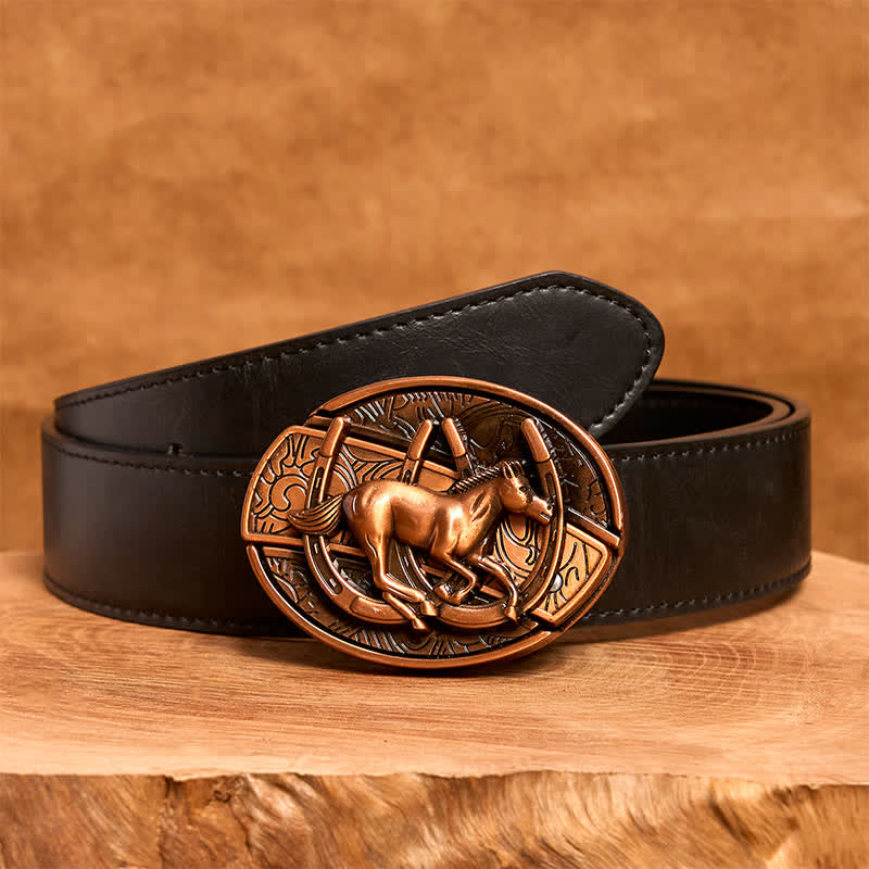 Ceinture en cuir pour homme avec couteau pliant caché en bronze rouge, motif cheval galopant - Cheval au galop - Ceinture en PU noir - 42 - image 5