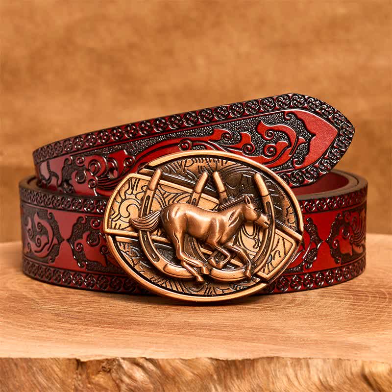 Ceinture en cuir pour homme avec couteau pliant caché en bronze rouge, motif cheval galopant - Cheval au galop - Ceinture marron sculptée - 42 - image 8