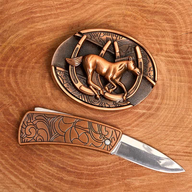 Ceinture en cuir pour homme avec couteau pliant caché en bronze rouge, motif cheval galopant - image 2
