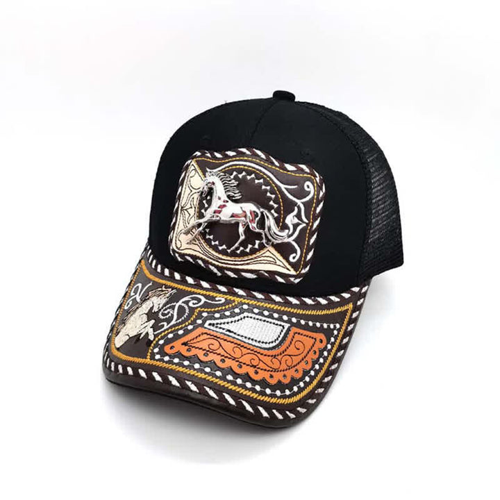 Casquette de camion mexicaine noire à motif 3D en métal, style ethnique occidental (prévente) - Cheval - Réglable (environ 22"-23 5/8") - image 8