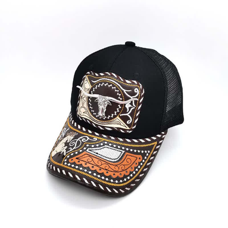 Casquette de camion mexicaine noire à motif 3D en métal, style ethnique occidental (prévente) - Taureau - Réglable (environ 22"-23 5/8") - image 1