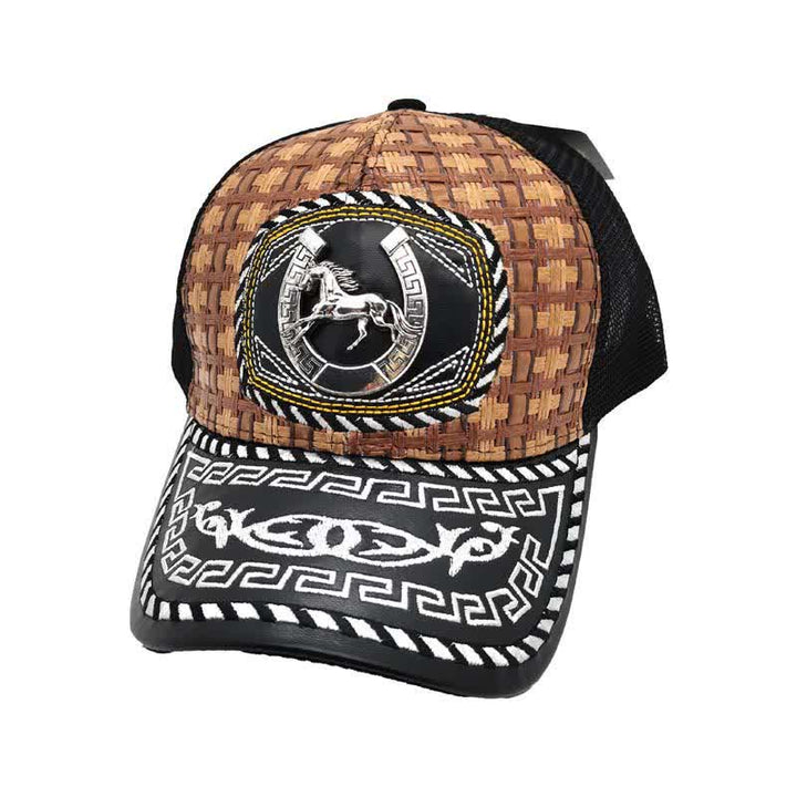 Casquette de camion en maille à motif ethnique mexicain en métal 3D marron (prévente) - Fer à cheval - M (22"-22 7/8") - image 3