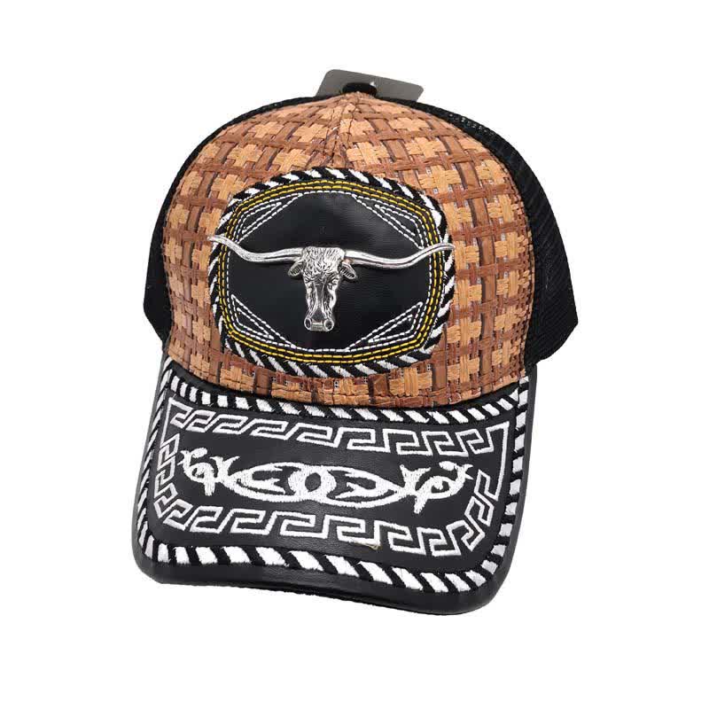 Casquette de camion en maille à motif ethnique mexicain en métal 3D marron (prévente) - Taureau - M (22"-22 7/8") - image 1