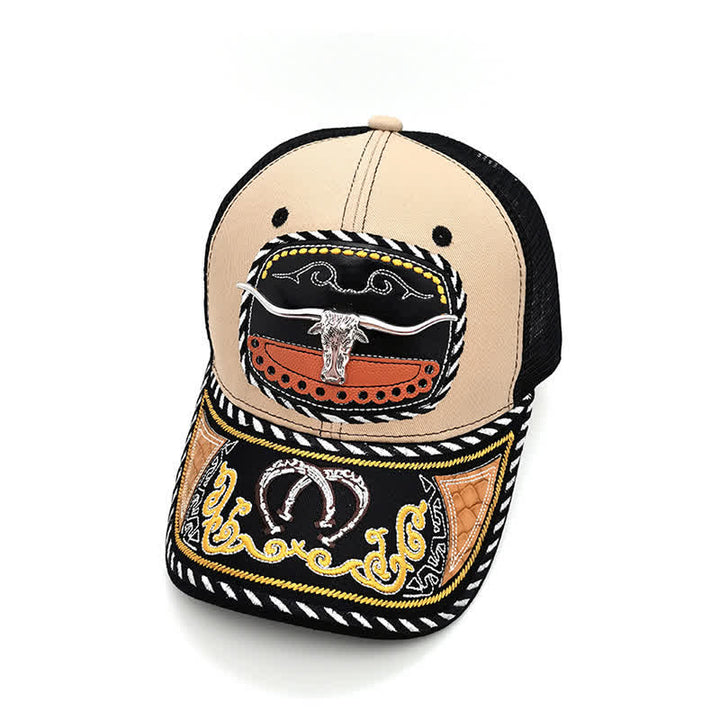 Casquette de camion en maille ethnique mexicaine beige avec broderie 3D en métal (prévente) - Taureau - Réglable (22"-23 5/8") - image 4