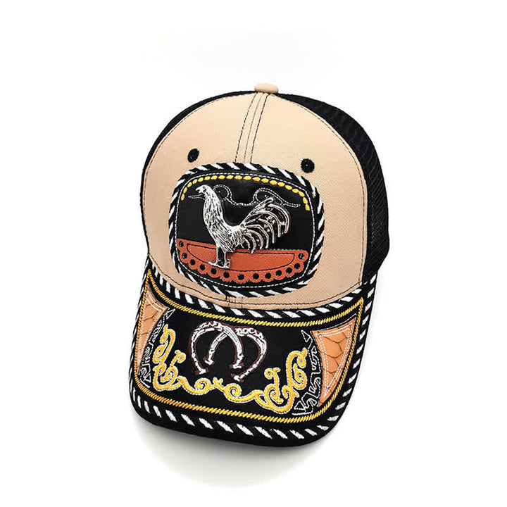 Casquette de camion en maille ethnique mexicaine beige avec broderie 3D en métal (prévente) - Coq - Réglable (22"-23 5/8") - image 8