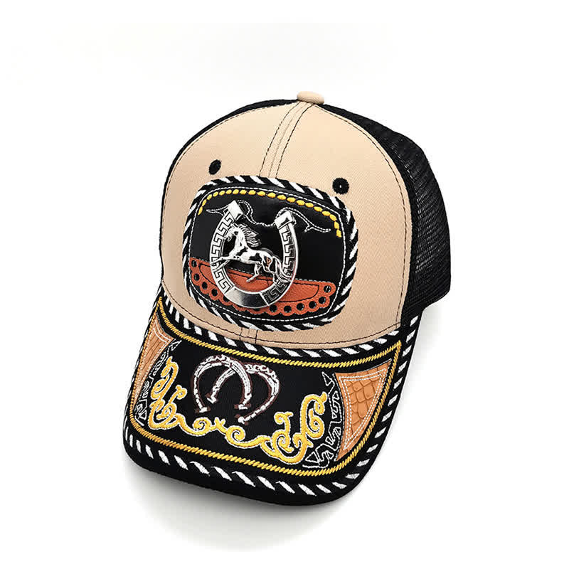 Casquette de camion en maille ethnique mexicaine beige avec broderie 3D en métal (prévente) - Fer à cheval - Réglable (22"-23 5/8") - image 1