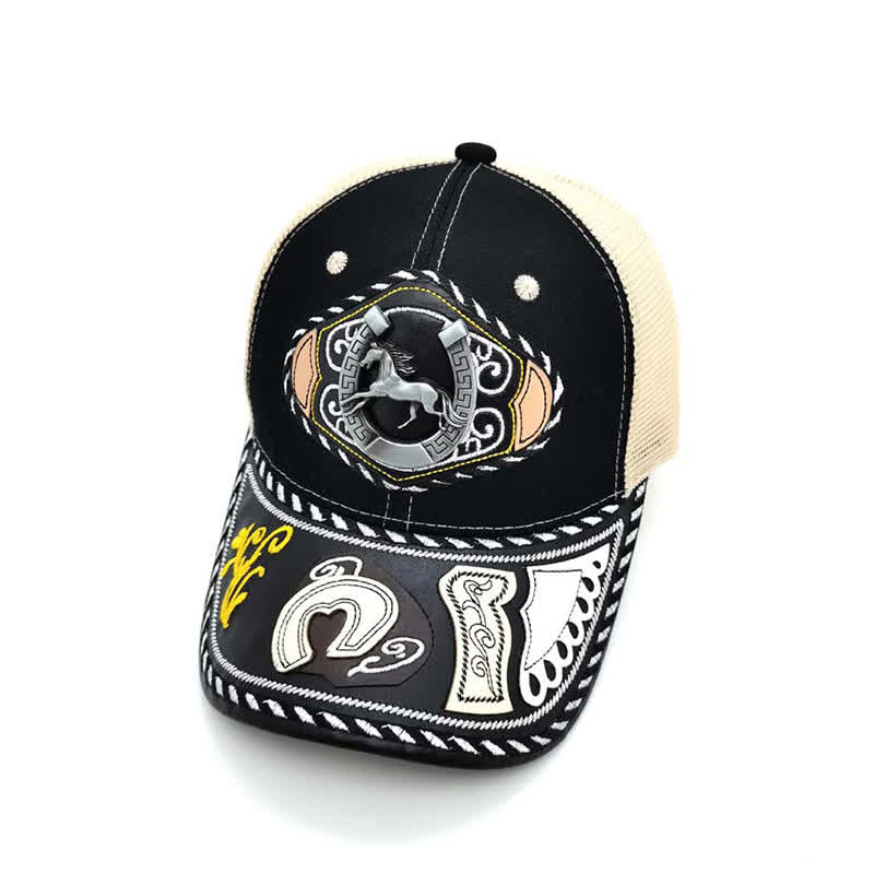 Casquette de camion en maille beige ethnique mexicaine noire avec décor en métal 3D (prévente) - Fer à cheval - Réglable (environ 22"-23 5/8") - image 12
