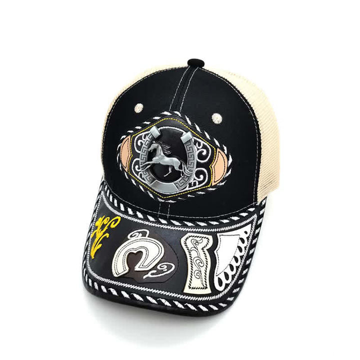 Casquette de camion en maille beige ethnique mexicaine noire avec décor en métal 3D (prévente) - Fer à cheval - Réglable (environ 22"-23 5/8") - image 12