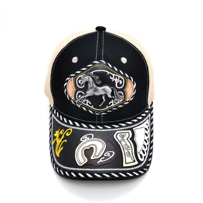 Casquette de camion en maille beige ethnique mexicaine noire avec décor en métal 3D (prévente) - image 5