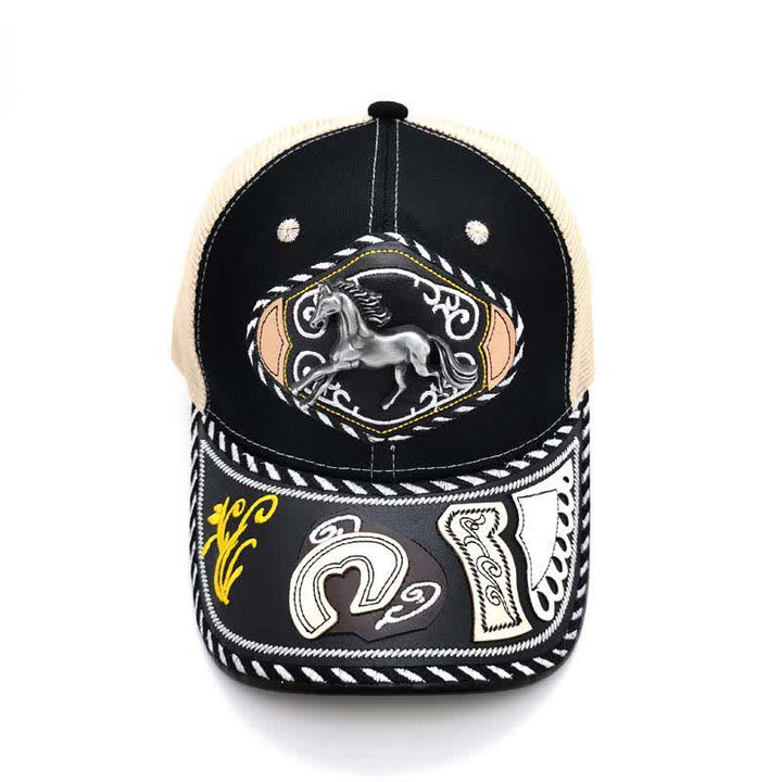 Casquette de camion en maille beige ethnique mexicaine noire avec décor en métal 3D (prévente) - image 5