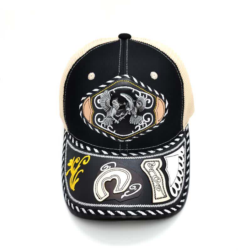 Casquette de camion en maille beige ethnique mexicaine noire avec décor en métal 3D (prévente) - image 11
