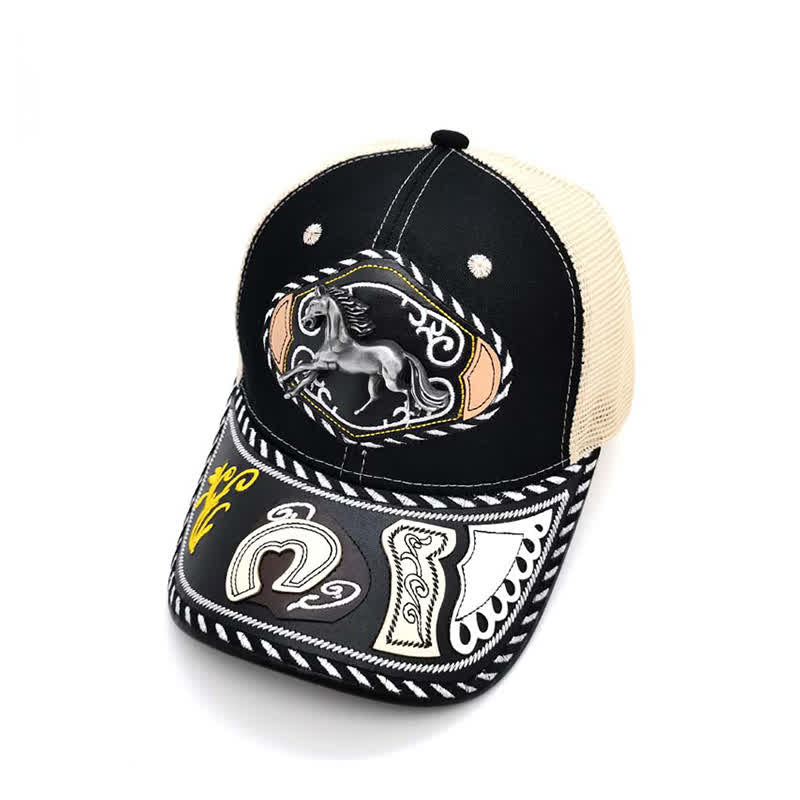Casquette de camion en maille beige ethnique mexicaine noire avec décor en métal 3D (prévente) - Cheval - Réglable (environ 22"-23 5/8") - image 4