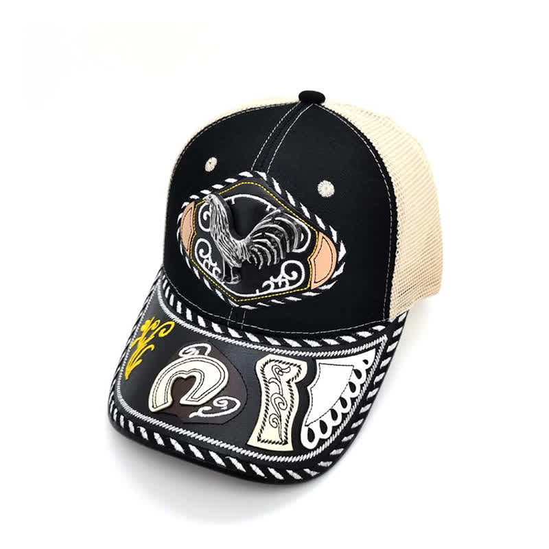 Casquette de camion en maille beige ethnique mexicaine noire avec décor en métal 3D (prévente) - Coq - Réglable (environ 22"-23 5/8") - image 6