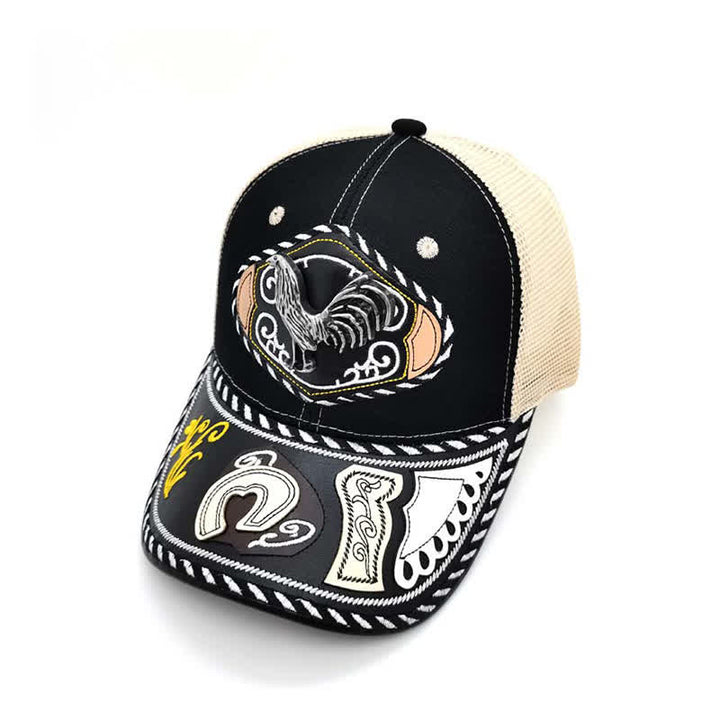 Casquette de camion en maille beige ethnique mexicaine noire avec décor en métal 3D (prévente) - Coq - Réglable (environ 22"-23 5/8") - image 6