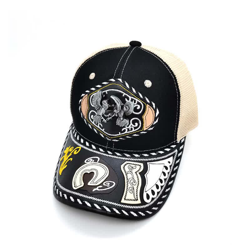 Casquette de camion en maille beige ethnique mexicaine noire avec décor en métal 3D (prévente) - Oiseaux - Réglable (environ 22"-23 5/8") - image 10
