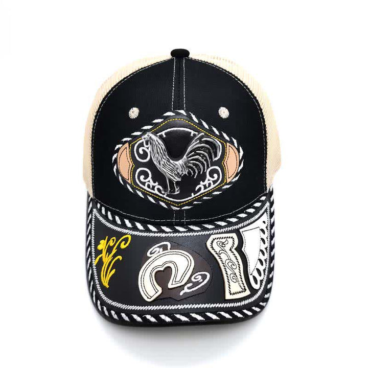 Casquette de camion en maille beige ethnique mexicaine noire avec décor en métal 3D (prévente) - image 7
