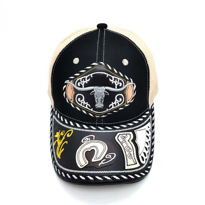 Casquette de camion en maille beige ethnique mexicaine noire avec décor en métal 3D (prévente) - image 3