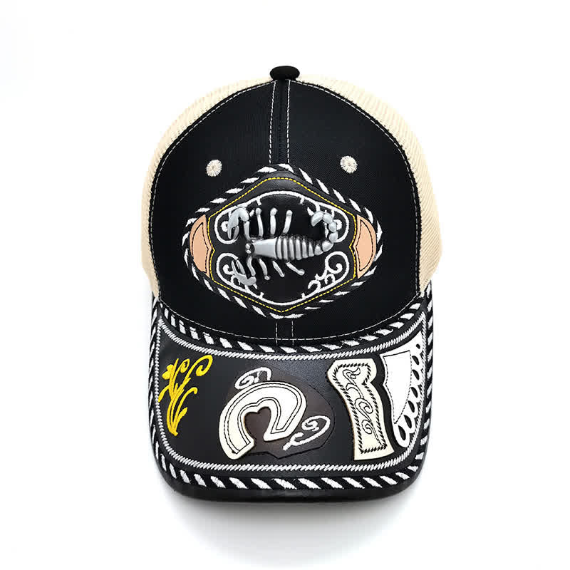 Casquette de camion en maille beige ethnique mexicaine noire avec décor en métal 3D (prévente) - Scorpion - Réglable (environ 22"-23 5/8") - image 9