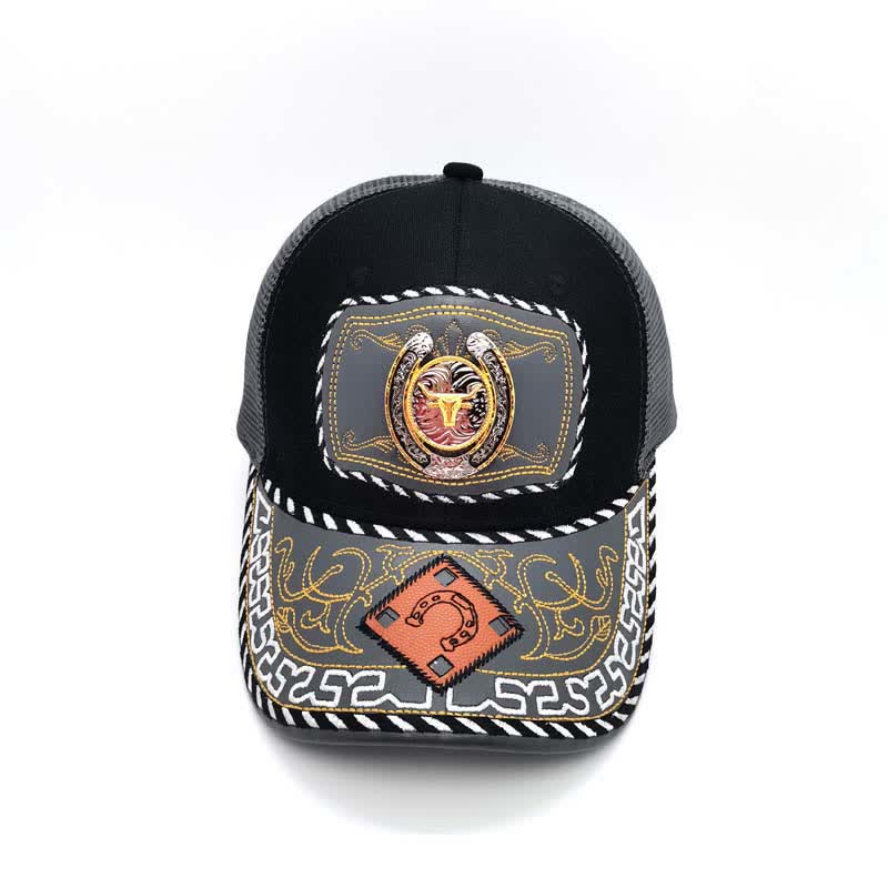 Casquette de camion en maille grise avec fer à cheval 3D doré et décoration ethnique mexicaine (prévente) - image 4