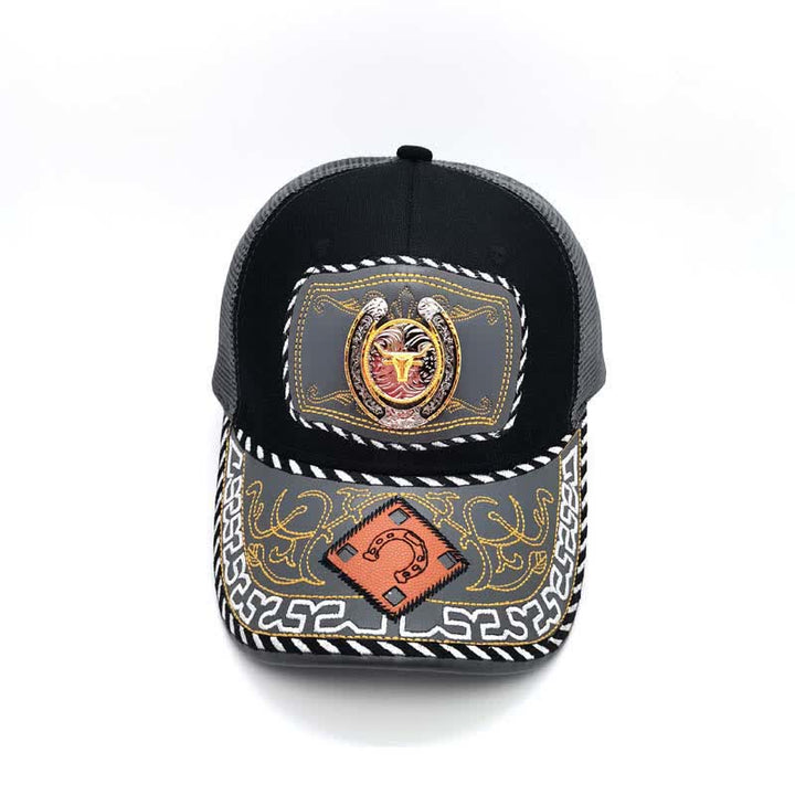 Casquette de camion en maille grise avec fer à cheval 3D doré et décoration ethnique mexicaine (prévente) - image 4