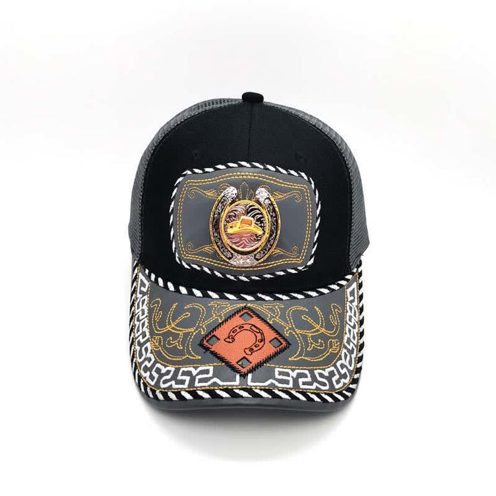 Casquette de camion en maille grise avec fer à cheval 3D doré et décoration ethnique mexicaine (prévente) - image 12