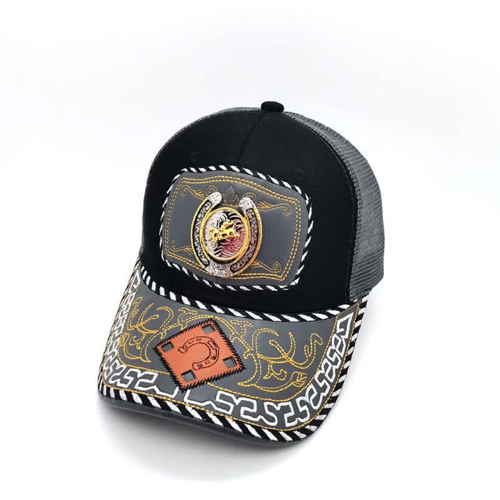 Casquette de camion en maille grise avec fer à cheval 3D doré et décoration ethnique mexicaine (prévente) - Cheval au galop - Réglable (environ 22"-23 5/8") - image 5