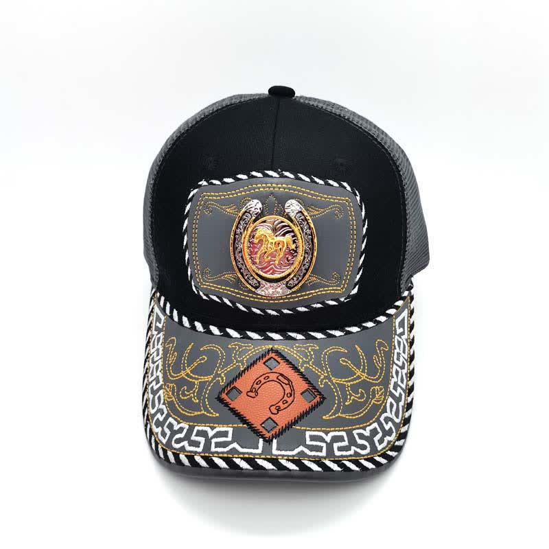Casquette de camion en maille grise avec fer à cheval 3D doré et décoration ethnique mexicaine (prévente) - image 2