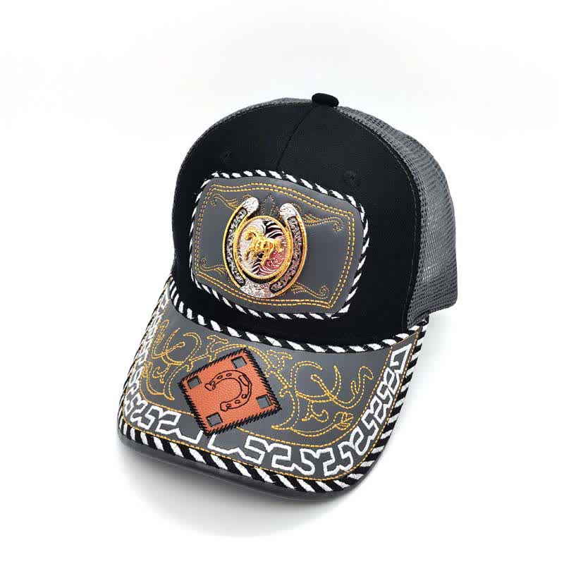 Casquette de camion en maille grise avec fer à cheval 3D doré et décoration ethnique mexicaine (prévente) - Cheval - Réglable (environ 22"-23 5/8") - image 1