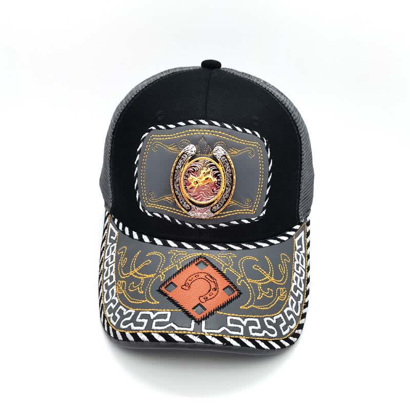 Casquette de camion en maille grise avec fer à cheval 3D doré et décoration ethnique mexicaine (prévente) - image 6
