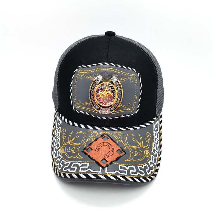 Casquette de camion en maille grise avec fer à cheval 3D doré et décoration ethnique mexicaine (prévente) - image 6