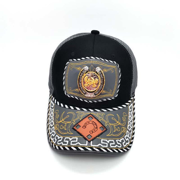 Casquette de camion en maille grise avec fer à cheval 3D doré et décoration ethnique mexicaine (prévente) - image 8