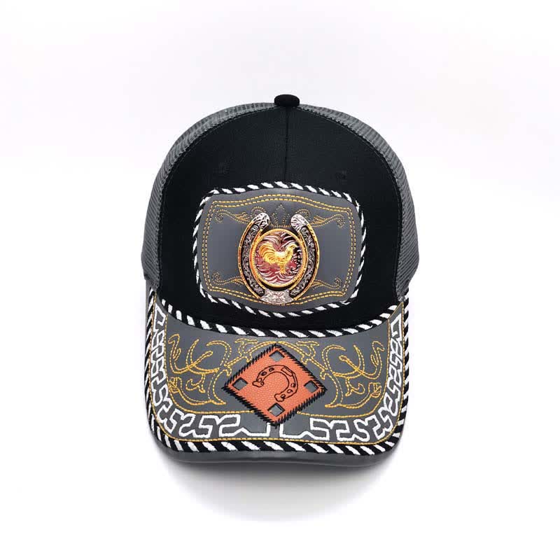 Casquette de camion en maille grise avec fer à cheval 3D doré et décoration ethnique mexicaine (prévente) - image 10