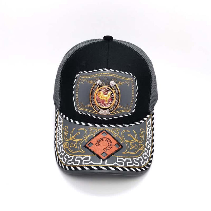 Casquette de camion en maille grise avec fer à cheval 3D doré et décoration ethnique mexicaine (prévente) - image 10