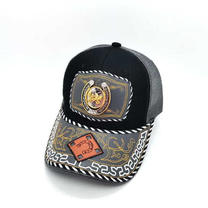 Casquette de camion en maille grise avec fer à cheval 3D doré et décoration ethnique mexicaine (prévente) - Oiseaux - Réglable (environ 22"-23 5/8") - image 7