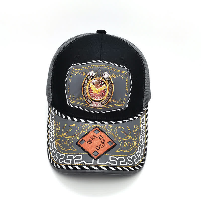 Casquette de camion en maille grise avec fer à cheval 3D doré et décoration ethnique mexicaine (prévente) - image 14