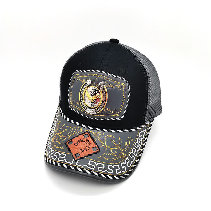 Casquette de camion en maille grise avec fer à cheval 3D doré et décoration ethnique mexicaine (prévente) - Aigle - Réglable (environ 22"-23 5/8") - image 13