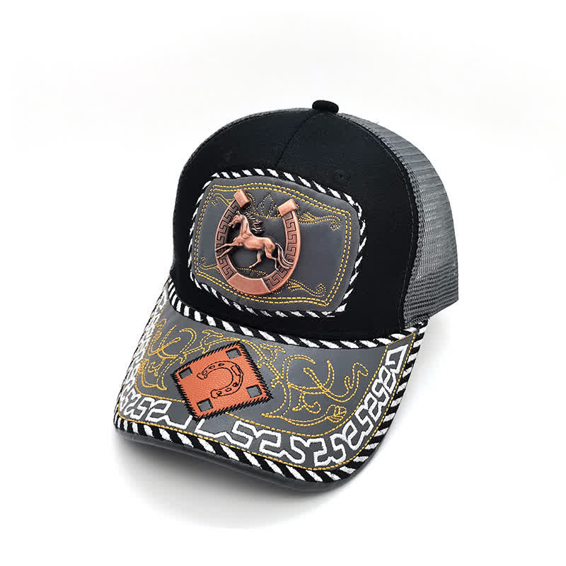 Casquette de camion en maille grise, motif ethnique mexicain, couleur cuivre, décoration métallique 3D (prévente) - Fer à cheval - M (22"-22 7/8") - image 1
