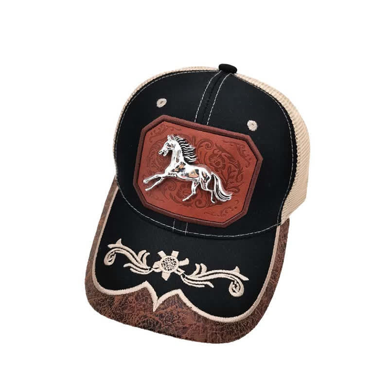 Casquette de camion brodée en maille avec motif cheval argenté en métal 3D (prévente) - Noir - M (22"-22 7/8") - image 5