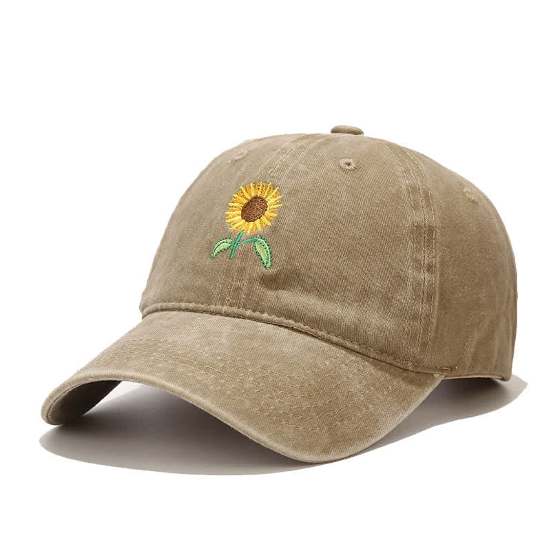 Casquette de baseball ajustable à motif floral brodé de tournesols - Kaki - Réglable (environ 21 5/8"-22 7/8") - image 1