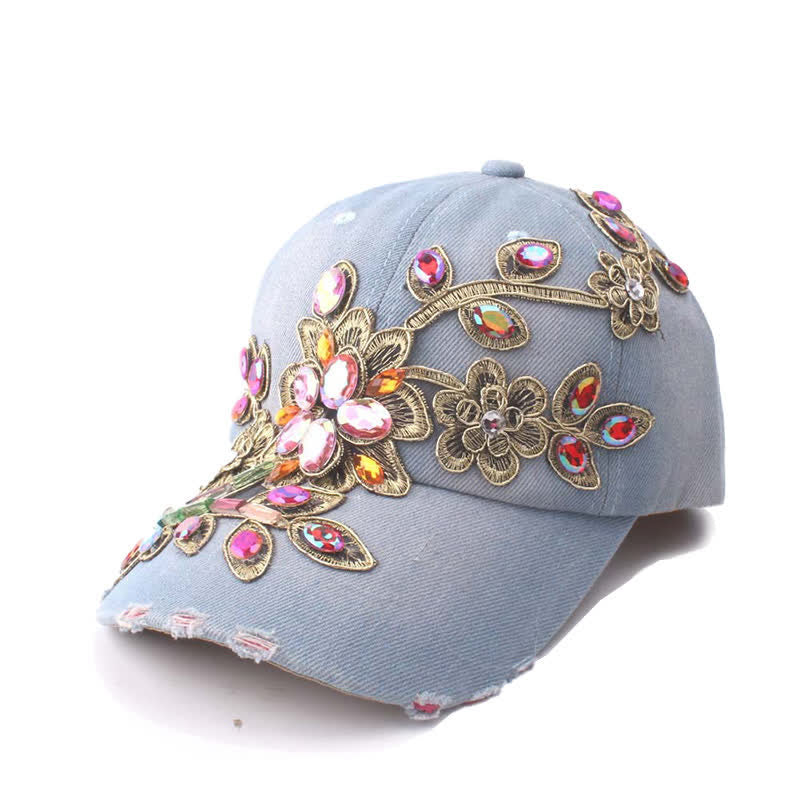 Casquette de baseball ajustable à fleurs et paillettes brodées de cristaux - Bleu clair - Réglable (environ 21 5/8"-22 7/8") - image 2