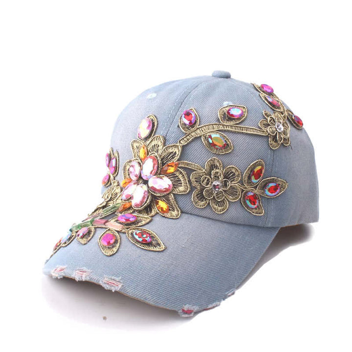 Casquette de baseball ajustable à fleurs et paillettes brodées de cristaux - Bleu clair - Réglable (environ 21 5/8"-22 7/8") - image 2
