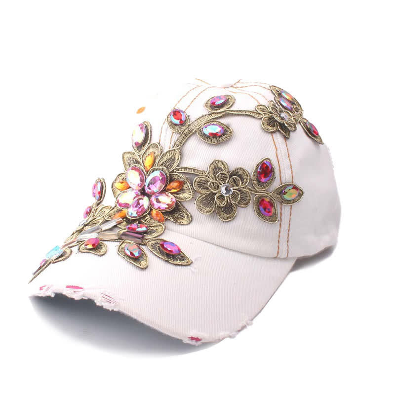 Casquette de baseball ajustable à fleurs et paillettes brodées de cristaux - Blanc - Réglable (environ 21 5/8"-22 7/8") - image 9