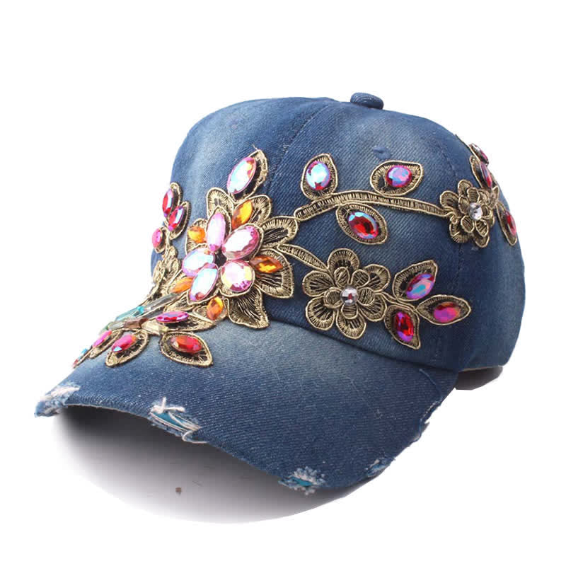 Casquette de baseball ajustable à fleurs et paillettes brodées de cristaux - Bleu foncé - Réglable (environ 21 5/8"-22 7/8") - image 1