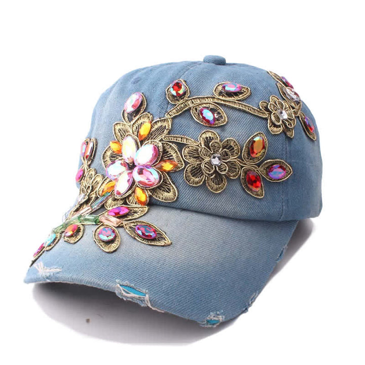Casquette de baseball ajustable à fleurs et paillettes brodées de cristaux - Bleu - Réglable (environ 21 5/8"-22 7/8") - image 8
