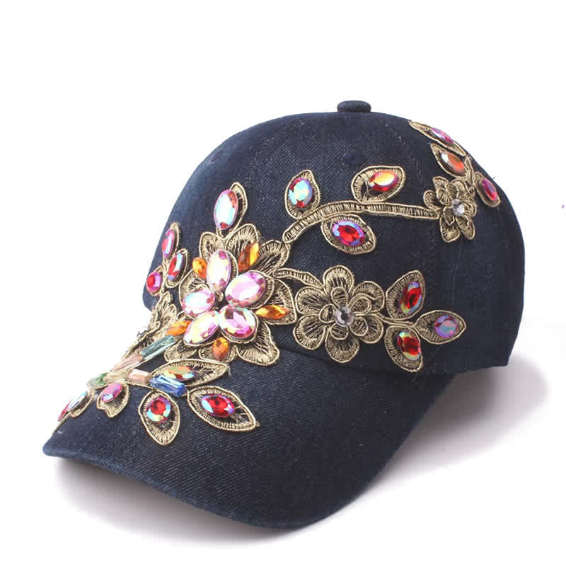 Casquette de baseball ajustable à fleurs et paillettes brodées de cristaux - Noir - Réglable (environ 21 5/8"-22 7/8") - image 7