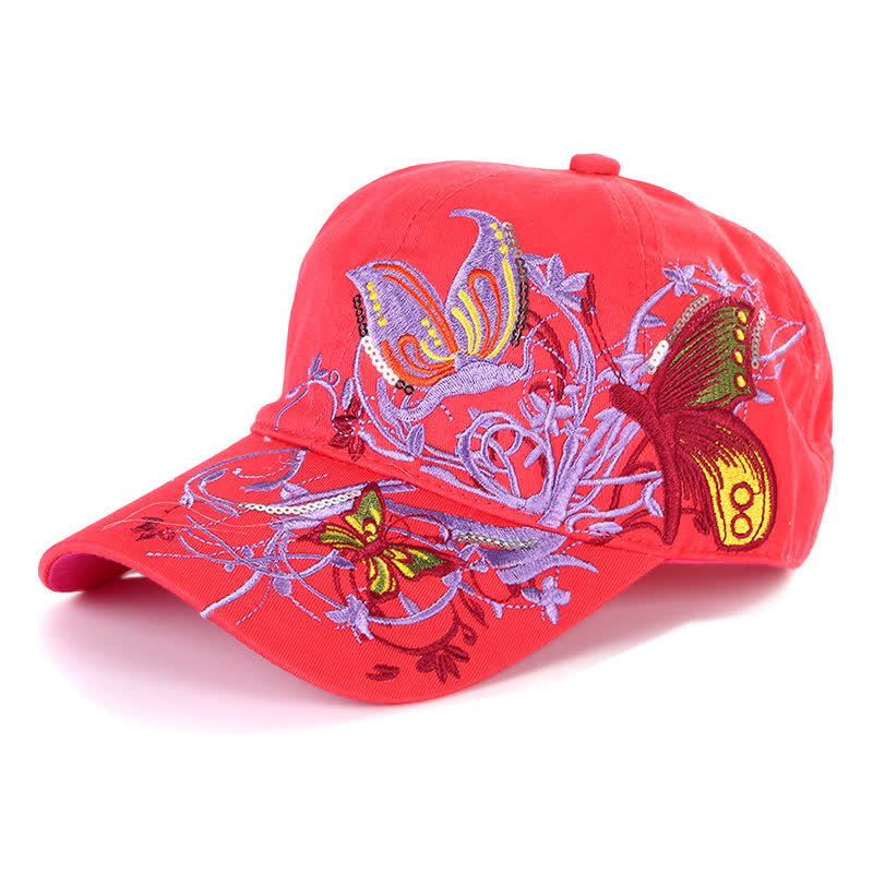 Casquette de baseball ajustable à motif floral brodé de papillons - Rouge - Réglable (environ 21 5/8"-22 7/8") - image 2