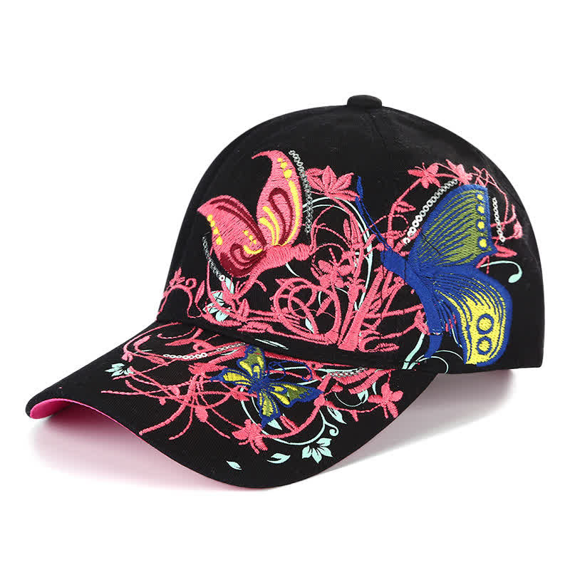 Casquette de baseball ajustable à motif floral brodé de papillons - Noir - Réglable (environ 21 5/8"-22 7/8") - image 1