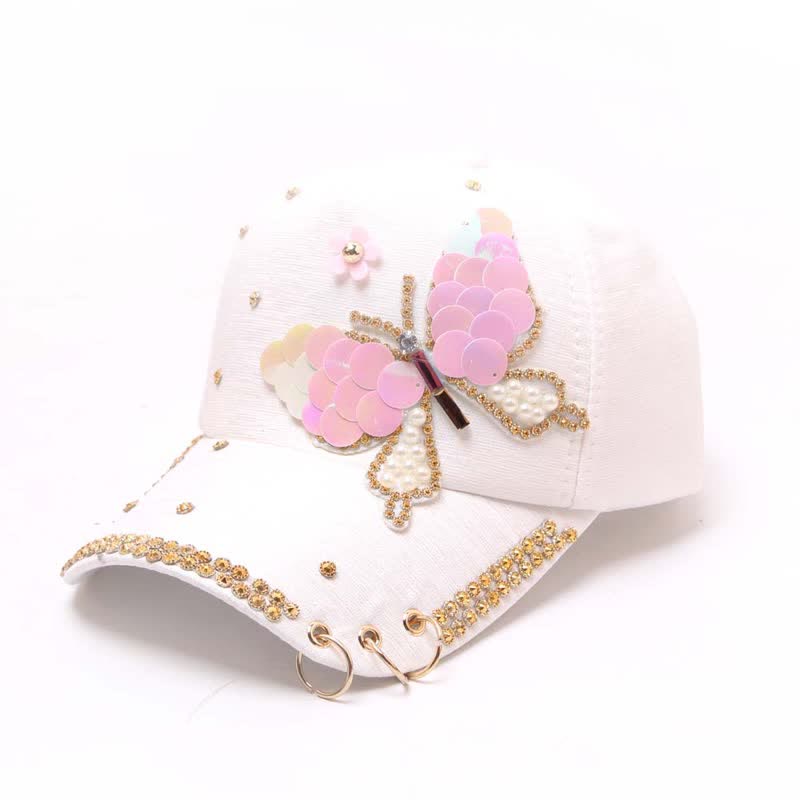 Casquette de baseball ajustable à paillettes roses et papillon - Blanc - Réglable (environ 21 5/8"-22 7/8") - image 6