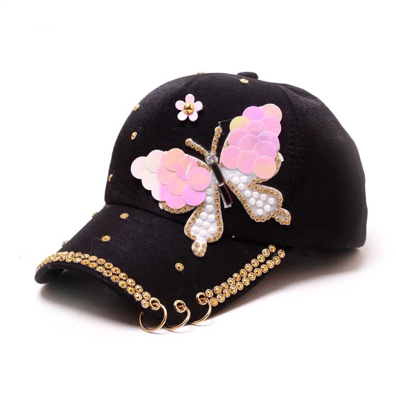 Casquette de baseball ajustable à paillettes roses et papillon - Noir - Réglable (environ 21 5/8"-22 7/8") - image 1